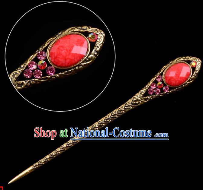 Traditional China Beijing Opera Pantaloon Hair Accessories Red Hairpin, Ancient Chinese Peking Opera Old Women Hairpins Kanzashi Headwear