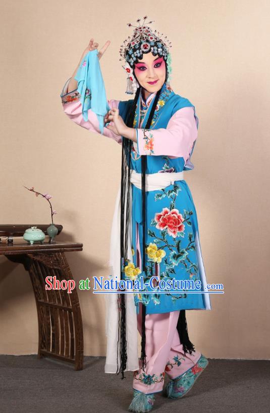 Top Grade Professional Beijing Opera Diva Costume Young Lady Deep Blue Embroidered Waistcoat, Traditional Ancient Chinese Peking Opera Princess Embroidery Dress Clothing