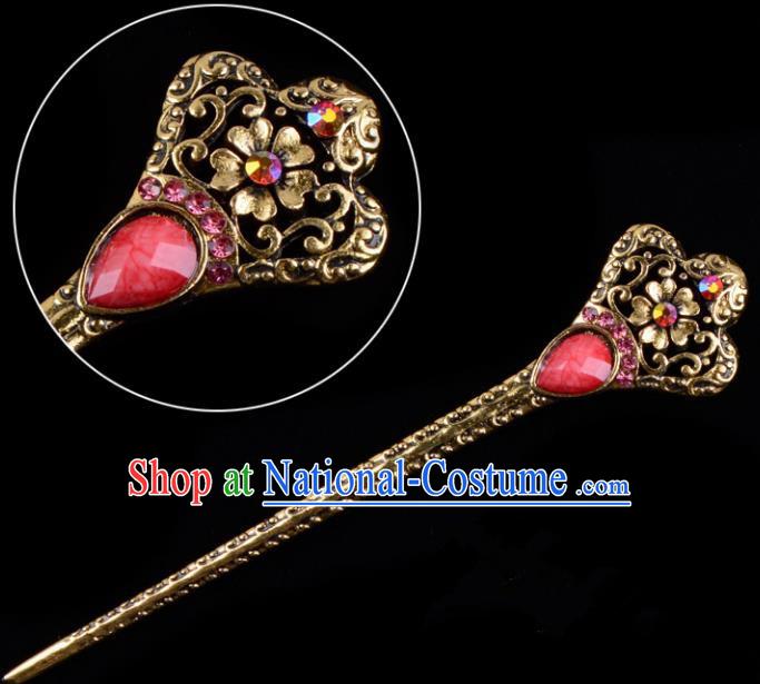 Traditional China Beijing Opera Hua Tan Pantaloon Hair Accessories Red Hairpin, Ancient Chinese Peking Opera Women Hairpins Diva Kanzashi Headwear