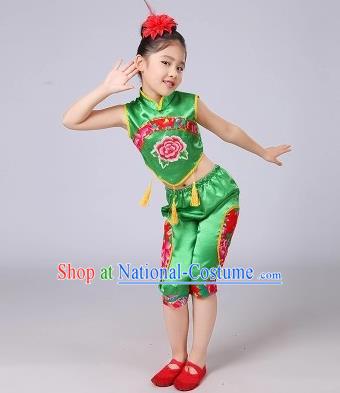 Traditional Chinese Classical Dance Yangge Fan Dancing Costume, Folk Dance Drum Dance Uniform Yangko Green Costume for Kids