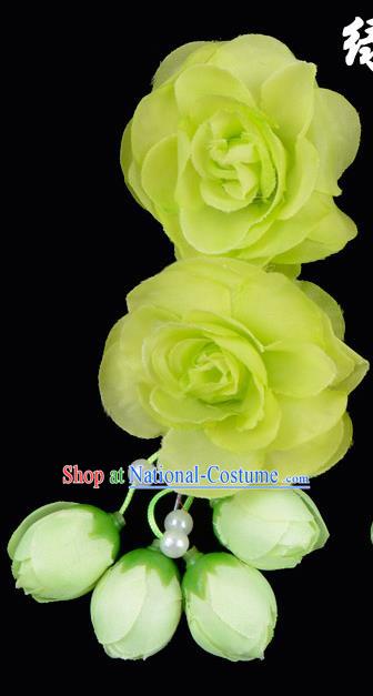 Traditional China Beijing Opera Hua Tan Green Flowers Hair Accessories Hairpin, Ancient Chinese Peking Opera Women Hairpins Diva Temple Kanzashi Headwear