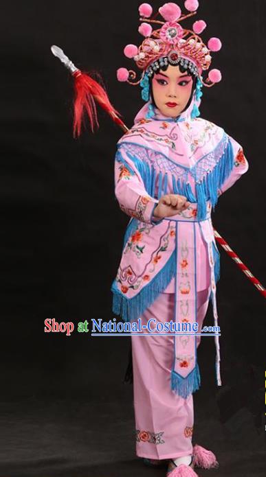 Traditional China Beijing Opera Female General Pink Costume and Headwear Complete Set, Ancient Chinese Peking Opera Swordplay Embroidery Clothing for Kids