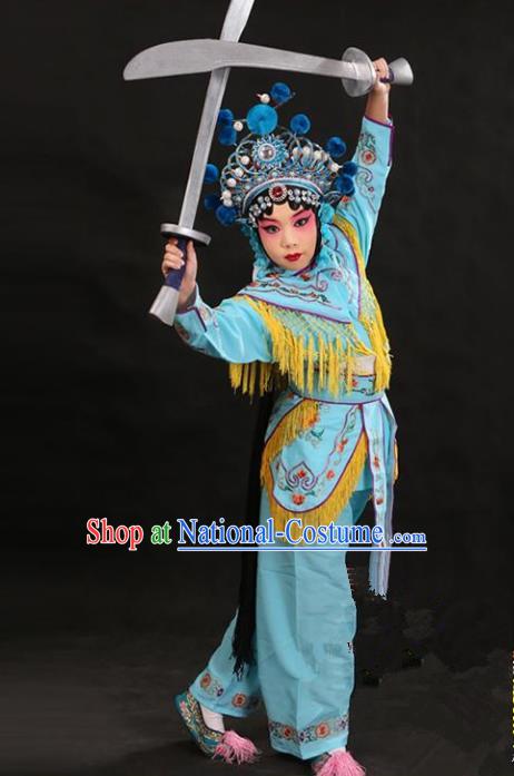 Traditional China Beijing Opera Female General Blue Costume and Headwear Complete Set, Ancient Chinese Peking Opera Swordplay Embroidery Clothing for Kids