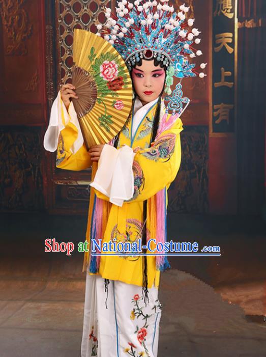 Top Grade Professional China Beijing Opera Costume Embroidered Yellow Cape and Phoenix Coronet, Ancient Chinese Peking Opera Diva Hua Tan Embroidery Clothing for Kids