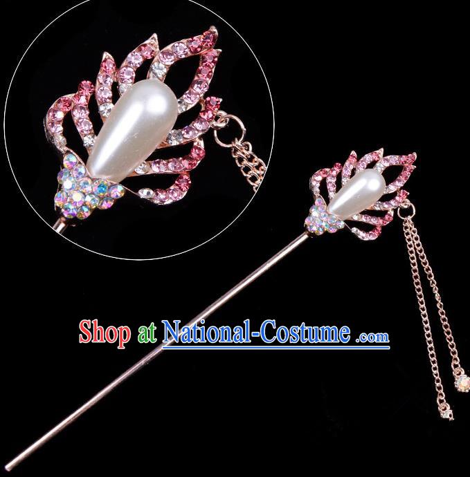 Traditional China Beijing Opera Hua Tan Hair Accessories Pink Crystal Pearls Hairpin, Ancient Chinese Peking Opera Tassel Step Shake Women Hairpins Diva Temple Kanzashi Headwear