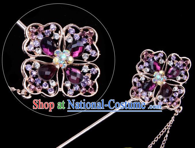 Traditional China Beijing Opera Palace Lady Hair Accessories Purple Crystal Hairpin, Ancient Chinese Peking Opera Tassel Step Shake Women Hairpins Diva Kanzashi Headwear