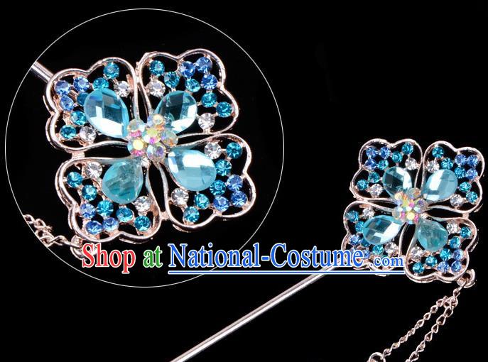 Traditional China Beijing Opera Palace Lady Hair Accessories Blue Crystal Hairpin, Ancient Chinese Peking Opera Tassel Step Shake Women Hairpins Diva Kanzashi Headwear