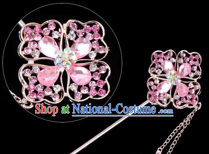 Traditional China Beijing Opera Palace Lady Hair Accessories Pink Crystal Hairpin, Ancient Chinese Peking Opera Tassel Step Shake Women Hairpins Diva Kanzashi Headwear