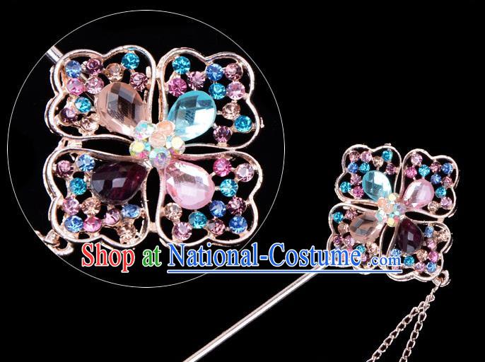 Traditional China Beijing Opera Palace Lady Hair Accessories Colorful Crystal Hairpin, Ancient Chinese Peking Opera Tassel Step Shake Women Hairpins Diva Kanzashi Headwear