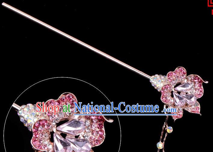 Traditional China Beijing Opera Palace Lady Hair Accessories Pink Crystal Flower Hairpin, Ancient Chinese Peking Opera Tassel Step Shake Women Hairpins Diva Kanzashi Headwear