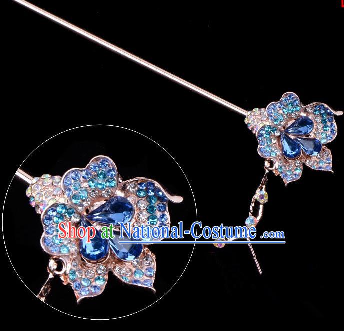 Traditional China Beijing Opera Palace Lady Hair Accessories Blue Crystal Flower Hairpin, Ancient Chinese Peking Opera Tassel Step Shake Women Hairpins Diva Kanzashi Headwear