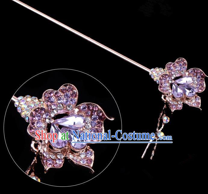 Traditional China Beijing Opera Palace Lady Hair Accessories Purple Crystal Flower Hairpin, Ancient Chinese Peking Opera Tassel Step Shake Women Hairpins Diva Kanzashi Headwear