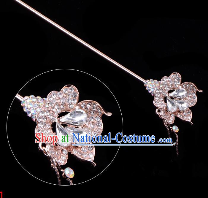 Traditional China Beijing Opera Palace Lady Hair Accessories Crystal Flower Hairpin, Ancient Chinese Peking Opera Tassel Step Shake Women Hairpins Diva Kanzashi Headwear