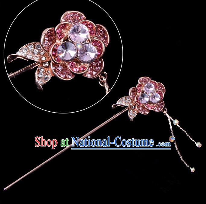 Traditional China Beijing Opera Palace Princess Hair Accessories Purple Crystal Flower Hairpin, Ancient Chinese Peking Opera Tassel Step Shake Women Hairpins Diva Kanzashi Headwear