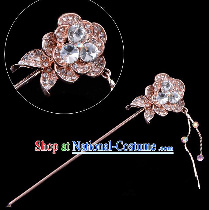 Traditional China Beijing Opera Palace Princess Hair Accessories Crystal Flower Hairpin, Ancient Chinese Peking Opera Tassel Step Shake Women Hairpins Diva Kanzashi Headwear