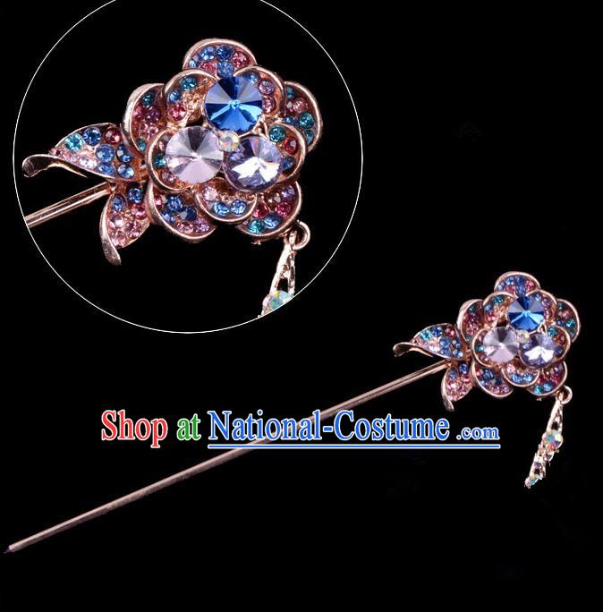 Traditional China Beijing Opera Palace Princess Hair Accessories Colorful Crystal Flower Hairpin, Ancient Chinese Peking Opera Tassel Step Shake Women Hairpins Diva Kanzashi Headwear