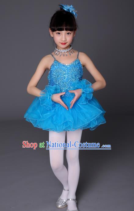 Top Grade Chinese Professional Performance Catwalks Costume, Children Ballet Dance Uniform Modern Swan Dance Blue Dress for Girls Kids