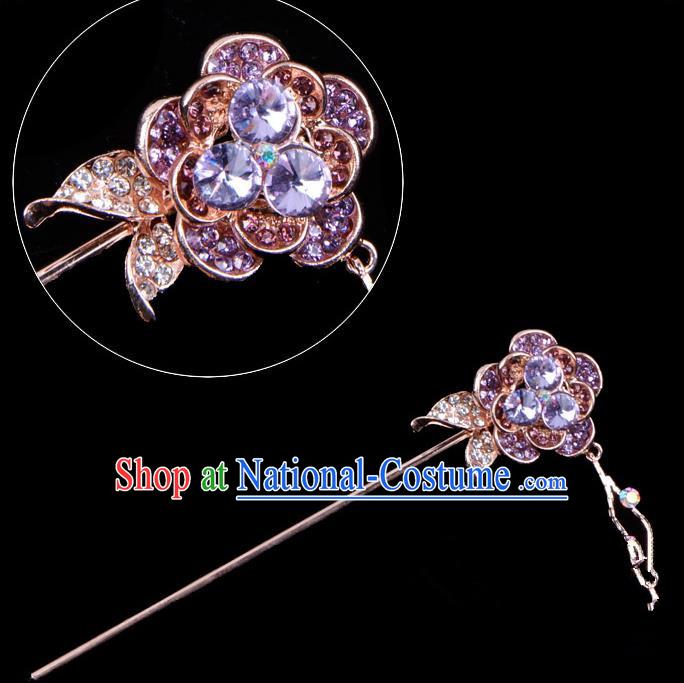 Traditional China Beijing Opera Palace Princess Hair Accessories Crystal Purple Flower Hairpin, Ancient Chinese Peking Opera Tassel Step Shake Women Hairpins Diva Kanzashi Headwear