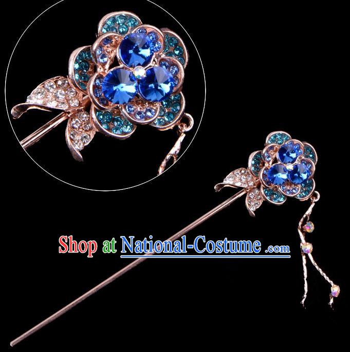 Traditional China Beijing Opera Palace Princess Hair Accessories Crystal Blue Flower Hairpin, Ancient Chinese Peking Opera Tassel Step Shake Women Hairpins Diva Kanzashi Headwear