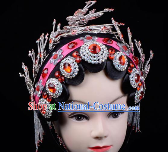 Traditional China Beijing Opera Palace Princess Hair Accessories Red Crystal Head-ornaments Complete Set, Ancient Chinese Peking Opera Tassel Step Shake Women Hairpins Diva Kanzashi Headwear