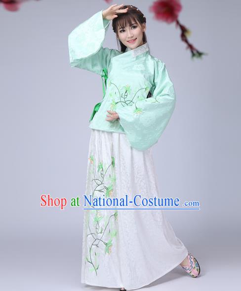 Traditional Ancient Chinese Ming Dynasty Imperial Princess Dance Costume Green Blouse and Skirt, Elegant Hanfu Chinese Ancient Young Lady Sleeve Placket Embroidered Clothing for Women