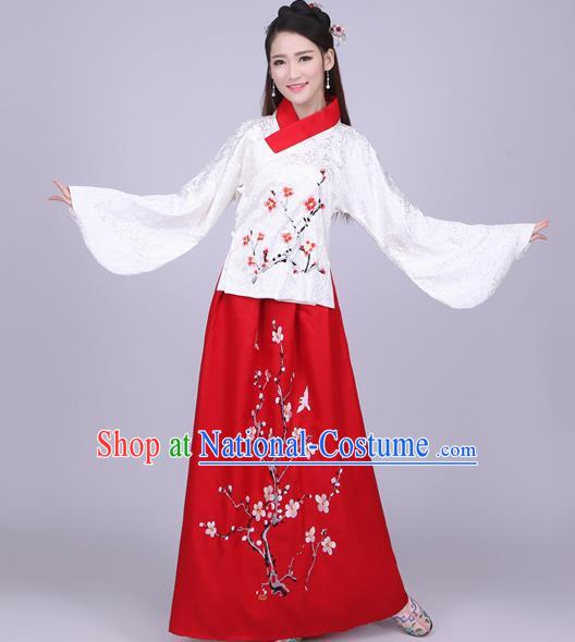 Traditional Ancient Chinese Ming Dynasty Imperial Princess Costume Blouse and Red Skirt, Elegant Hanfu Chinese Ancient Young Lady Sleeve Placket Embroidered Clothing for Women