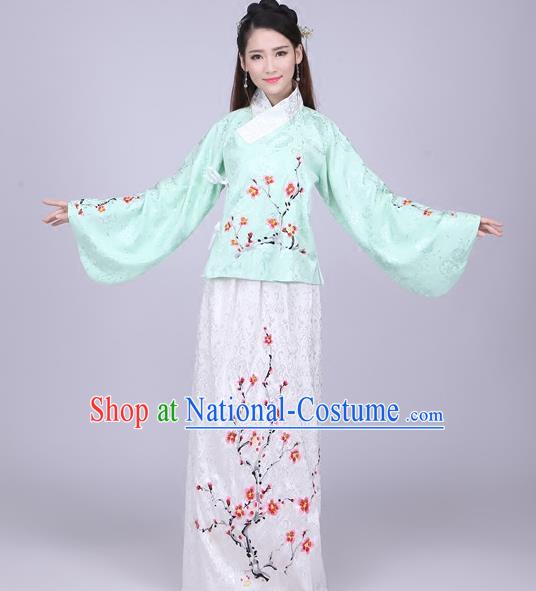 Traditional Ancient Chinese Ming Dynasty Imperial Princess Costume Green Blouse and White Skirt, Elegant Hanfu Chinese Ancient Young Lady Sleeve Placket Embroidered Clothing for Women