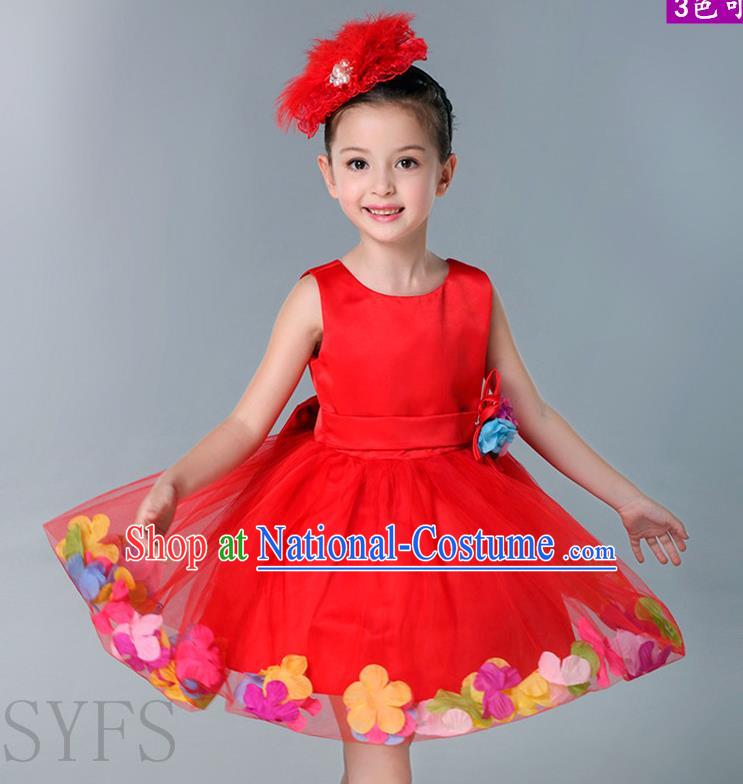 Top Grade Chinese Compere Professional Performance Catwalks Costume, Children Flowers Bubble Dress Modern Dance Red Dress for Girls Kids