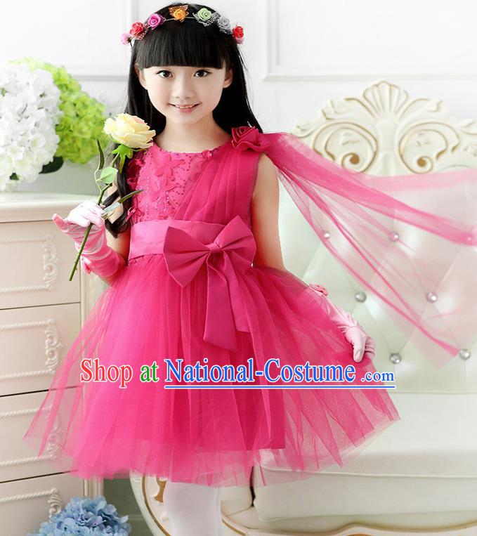 Top Grade Chinese Compere Professional Performance Catwalks Costume, Children Rosy Veil Bubble Dress Modern Dance Dress for Girls Kids