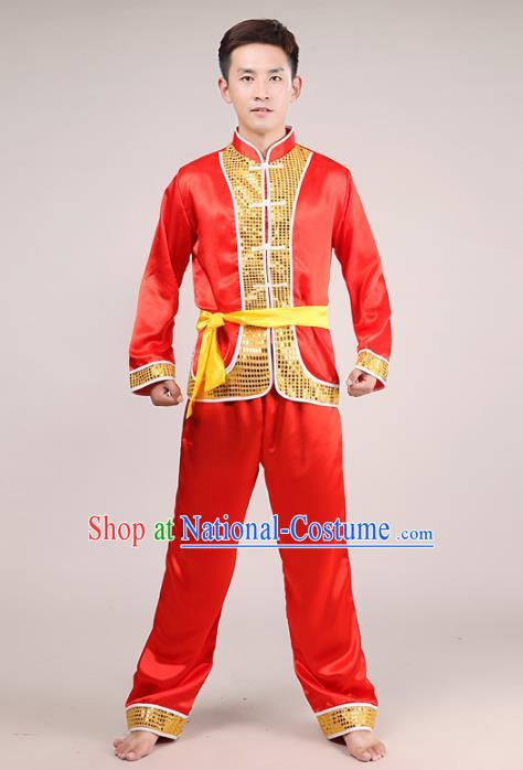 Traditional Chinese Classical Dance Yangge Fan Dance Costume, Folk Dance Drum Dance Uniform Yangko Red Clothing Complete Set for Men