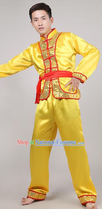 Traditional Chinese Classical Dance Yangge Fan Dance Costume, Folk Dance Drum Dance Uniform Yangko Yellow Clothing Complete Set for Men