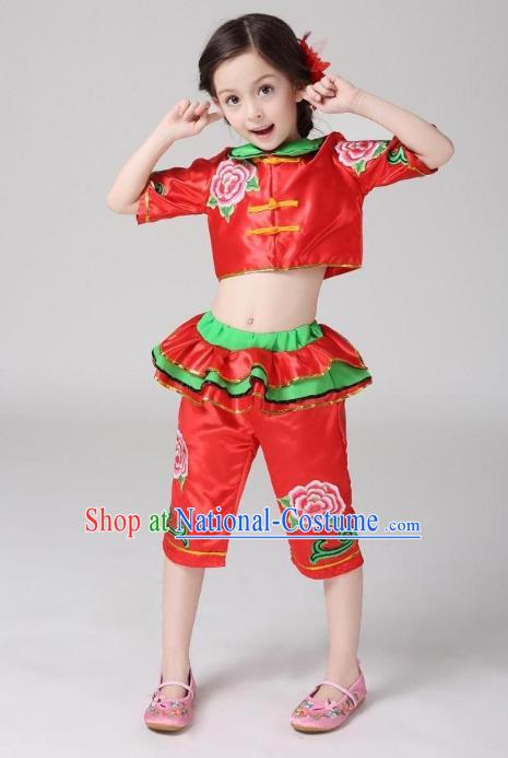 Traditional Chinese Classical Dance Yangge Fan Dance Costume, Children Folk Dance Drum Dance Uniform Yangko Red Clothing for Kids