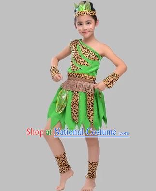 Traditional Chinese Classical Dance Costume, Children Folk Dance Hunter Uniform Green Clothing for Kids