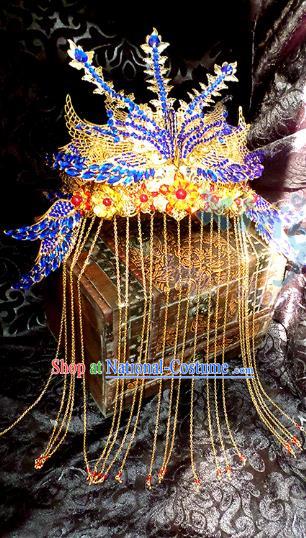 Traditional Handmade Chinese Ancient Classical Hair Accessories Bride Phoenix Coronet Complete Set, Step Shake Hair Sticks Hair Jewellery, Hair Fascinators Hairpins for Women