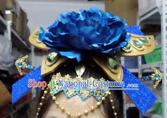 Traditional Handmade Chinese Ancient Classical Hair Accessories, Blue Flowers Step Shake Hair Sticks Hair Jewellery, Hair Fascinators Hairpins for Women