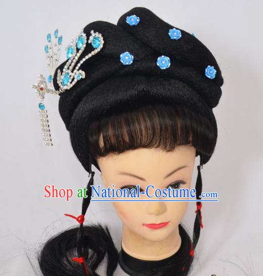 Traditional Handmade Chinese Classical Peking Opera Young Lady Wigs and Blue Crystal Hair Accessories, China Beijing Opera Princess Phoenix Hairpin Hair Headgear