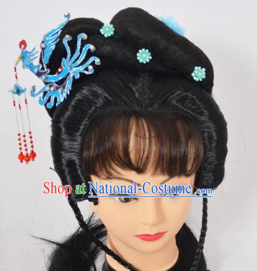 Traditional Handmade Chinese Classical Peking Opera Young Lady Wigs and Blue Phoenix Tassel Hairpin Hair Accessories, China Beijing Opera Princess Hairpieces Headgear