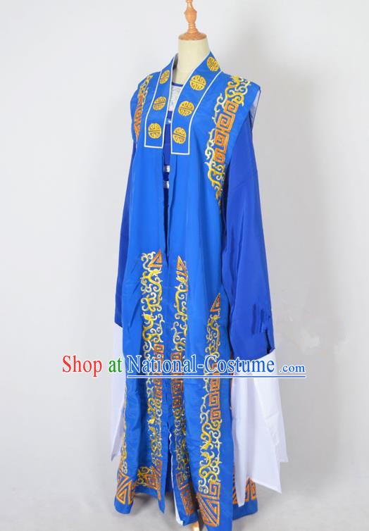 Traditional Chinese Professional Peking Opera Old Men Costume, China Beijing Opera Milord Ministry Councillor Embroidery Blue Long Robe Clothing