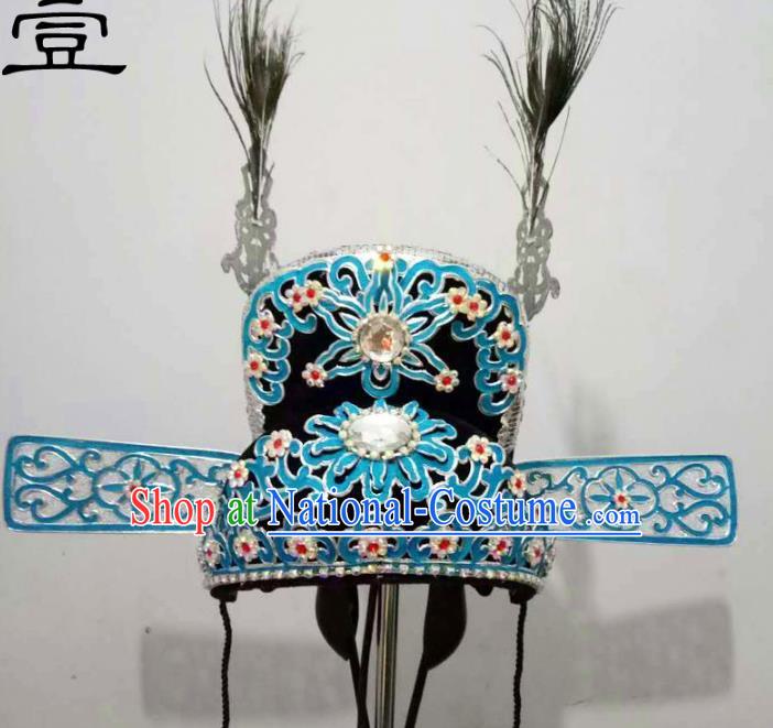 Traditional Handmade Chinese Classical Peking Opera Young Men Hat Blue Tuinga, China Beijing Opera Prince Lang Scholar Headpiece Headwear