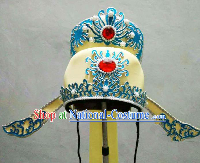 Traditional Handmade Chinese Classical Peking Opera Young Men Hat Yellow Tuinga, China Beijing Opera Prince Lang Scholar Headpiece Headwear