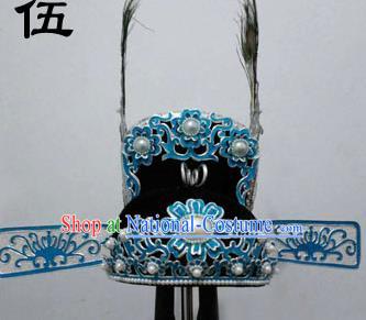 Traditional Handmade Chinese Classical Peking Opera Young Men Hat Pearls Blue Tuinga, China Beijing Opera Prince Lang Scholar Headpiece Headwear