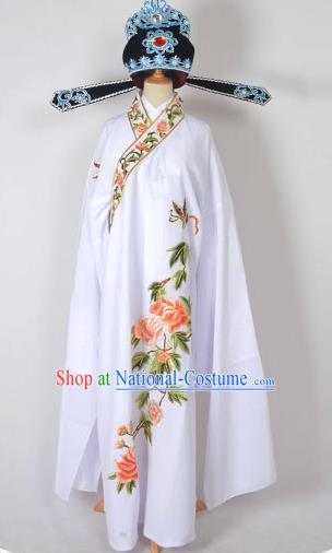 Traditional Chinese Professional Peking Opera Young Men Share-Win Costume and Hat Complete Set, China Beijing Opera Lang Scholar Embroidery Peony White Long Robe Clothing