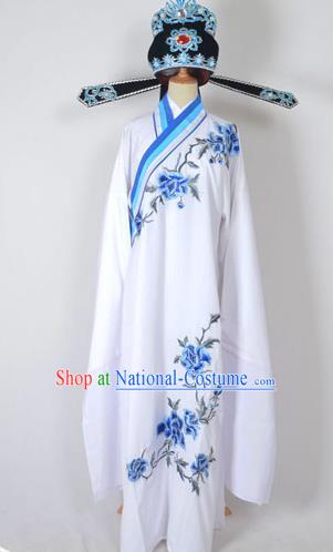 Traditional Chinese Professional Peking Opera Young Men Costume and Hat Complete Set, China Beijing Opera Shaoxing Opera Niche Lang Scholar Embroidery Peony White Long Robe Clothing