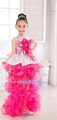 Top Grade Chinese Compere Professional Performance Catwalks Costume, Children Flower Faerie Veil Bubble Dress Modern Dance Rosy Tailing Dress for Girls Kids