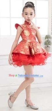 Top Grade Chinese Compere Professional Performance Catwalks Costume, Chinese Children Red Veil Bubble Dress Drum Dance Dress for Girls Kids