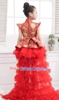 Top Grade Chinese Compere Professional Performance Catwalks Costume, Chinese Children Red Veil Bubble Dress Drum Dance Tailing Dress for Girls Kids