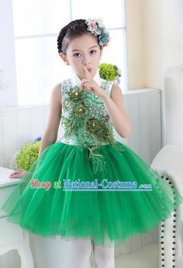 Top Grade Chinese Compere Professional Performance Catwalks Costume, Children Modern Dance Green Veil Bubble Dress for Girls Kids