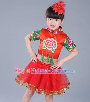 Traditional Chinese Classical Dance Yangge Fan Dance Costume, Children Folk Dance Drum Dance Uniform Yangko Red Clothing for Kids