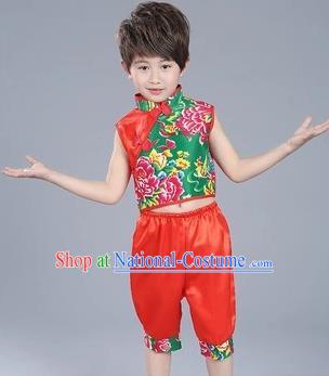 Traditional Chinese Classical Dance Yangge Fan Dance Costume, Children Folk Dance Drum Dance Uniform Yangko Red Clothing for Boys