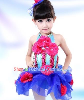 Top Grade Chinese Professional Performance Catwalks Costume, Children Modern Dance Blue Veil Bubble Dress for Girls Kids